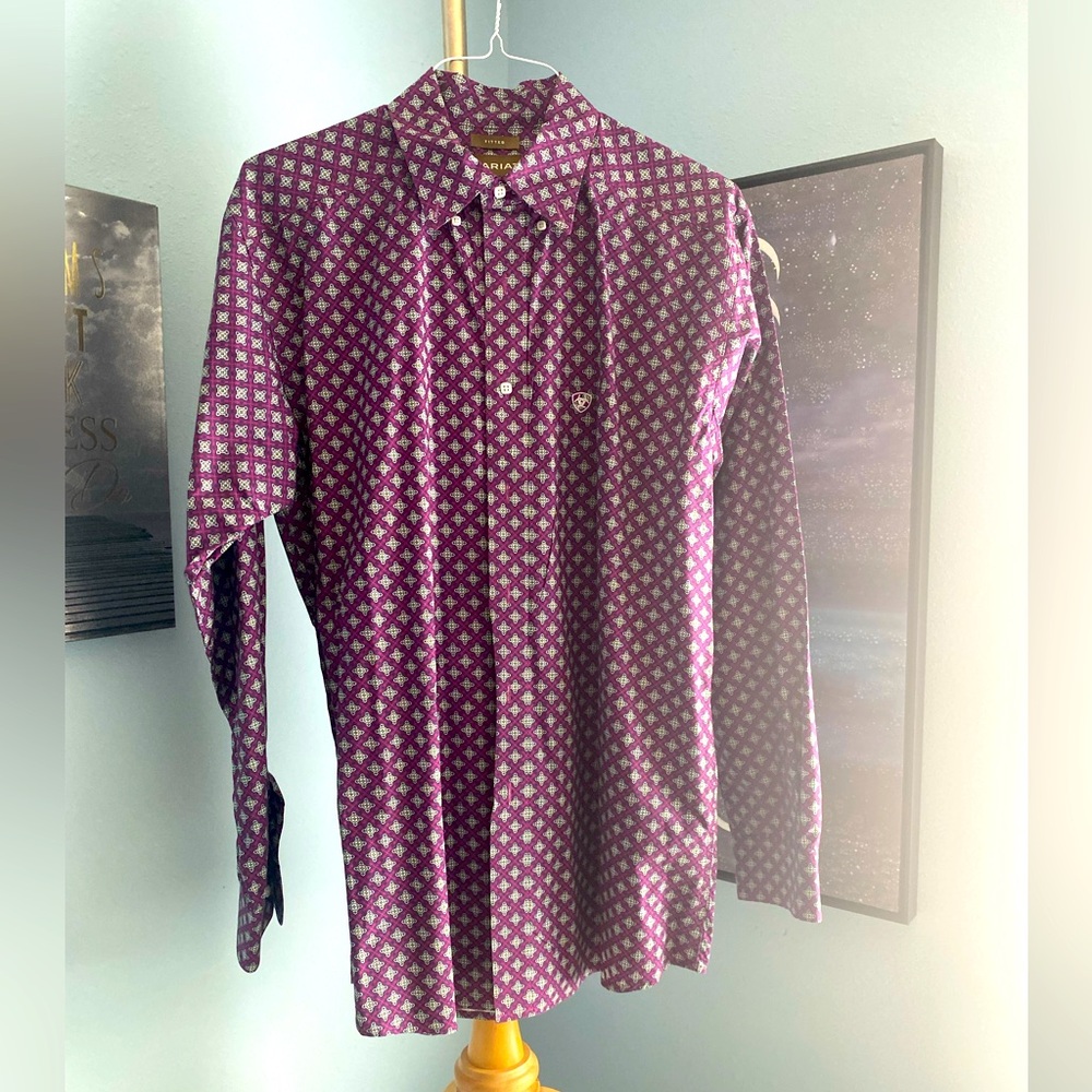 Ariat purple with white design button down size L shirt